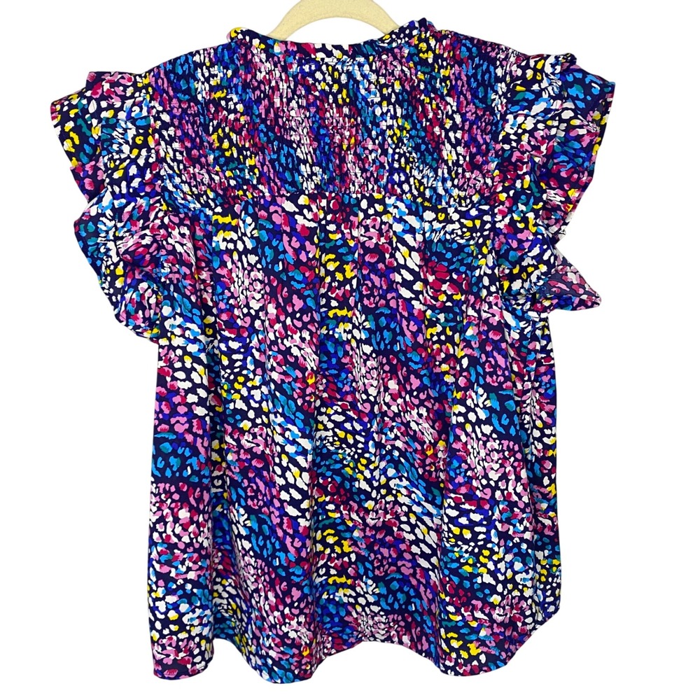 Shop The Mint XL Smocked Flutter Sleeve Abstract Leopard Print Blouse MultiColor - Picture 2 of 11
